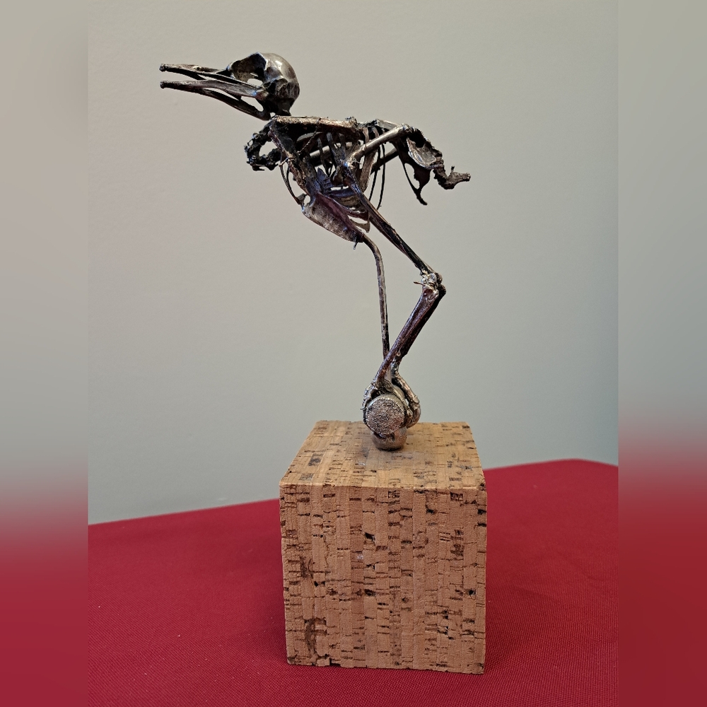 Metal Bird Skeleton Sculpture on Cork Base. Made on Portugal.